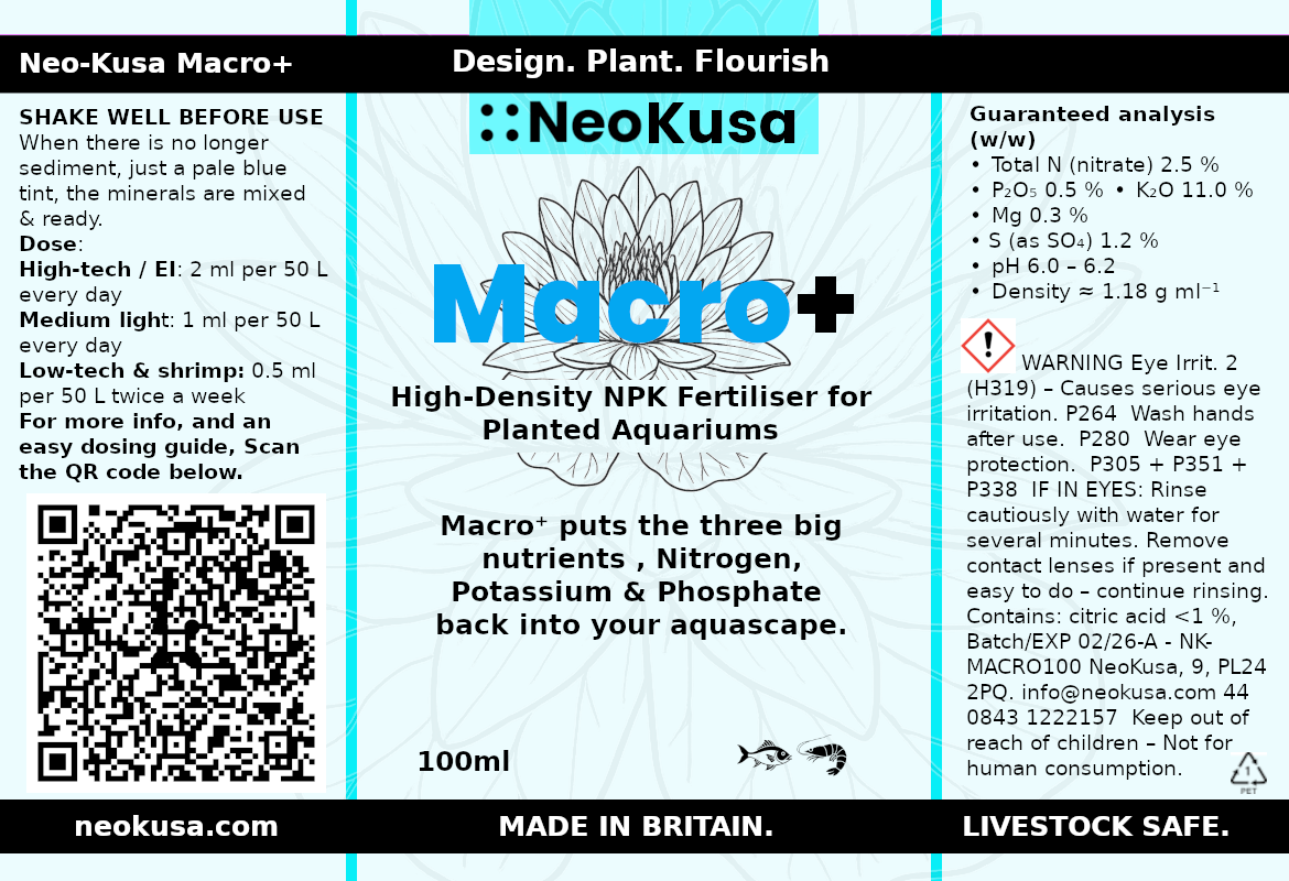 NeoKusa Macro+ NPK fertiliser label 100 mL