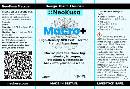 NeoKusa Macro+ NPK fertiliser label 100 mL
