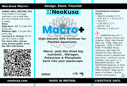 NeoKusa Macro+ NPK fertiliser label 100 mL