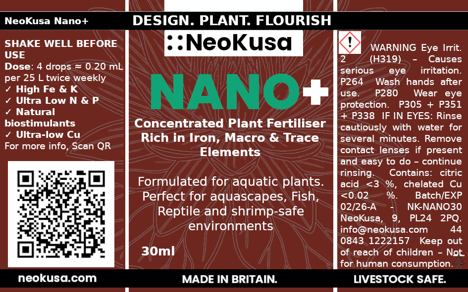 NeoKusa Nano+ fertiliser label 30 mL