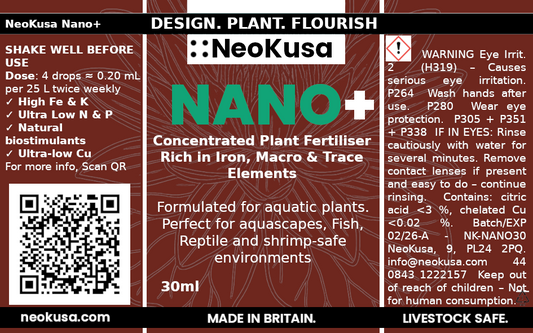 NeoKusa Nano+ fertiliser label 30 mL