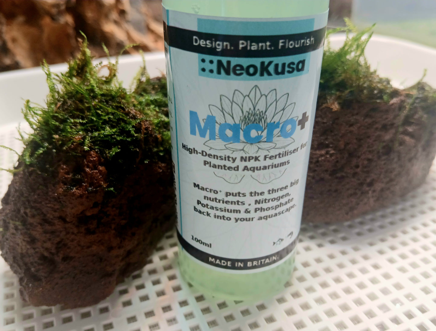 NeoKusa Macro+ aquarium fertiliser bottle on white